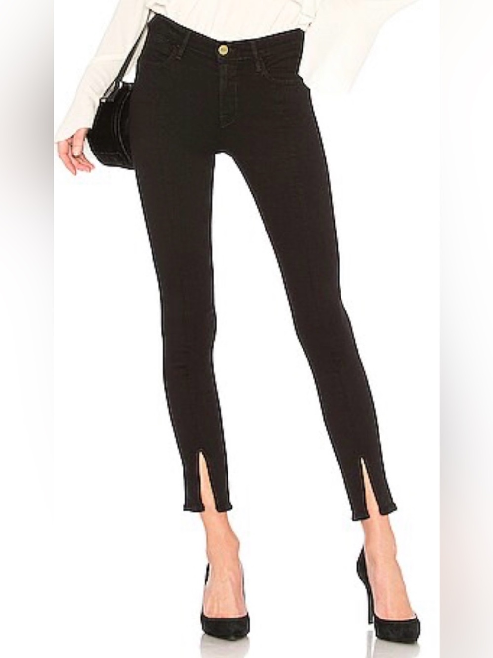 FRAME Le High Skinny Front Split Jeans Film Noir Black Size 26